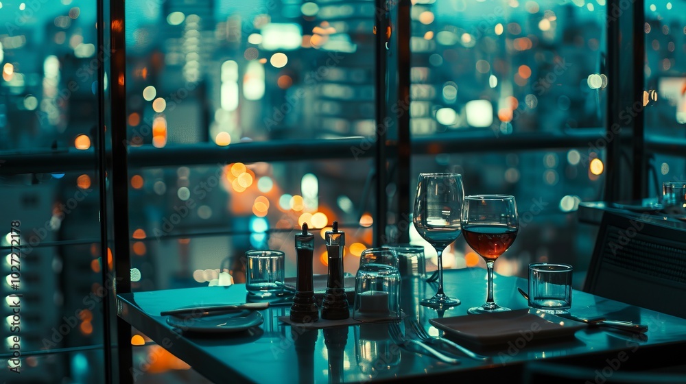 Restaurant table with glasses of red wine on the background of the city