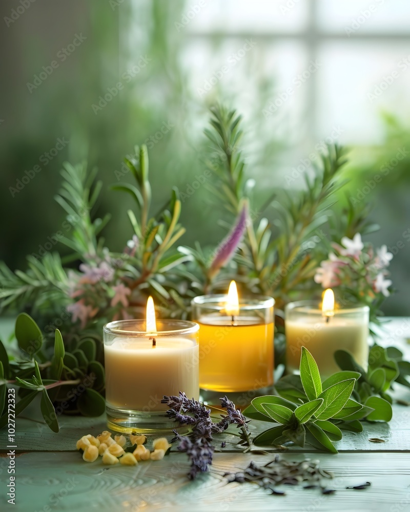 Φωτογραφία Natural Soy Candles and Fresh Herbs Arrangement on Wooden Table Calming Aromathe