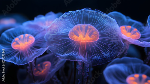 A Photo of Bioluminescent Flowers Glowing in Blue and Purple Hues, Illuminating the Dark Environment with an Ethereal Glow, Capturing the Beauty of Nature’s Rare Phenomena, and Highlighting the Magica