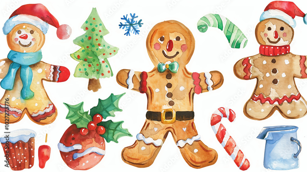 Hand painted watercolor Christmas cookies, gingerbread, Holiday sweets homemade biscuits. Hand painted watercolor Christmas cookies, gingerbread, Holiday sweets homemade biscuits.