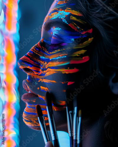 close up of womans face with vibrant, colorful face paint under neon lights, showcasing artistic expression and creativity. image captures beauty of body art and tools used for application