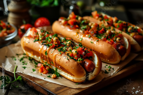 Delicious gourmet hot dogs topped with fresh tomatoes, herbs, and savory sauce, perfect for summer barbecue or casual gathering. Enjoy vibrant flavors