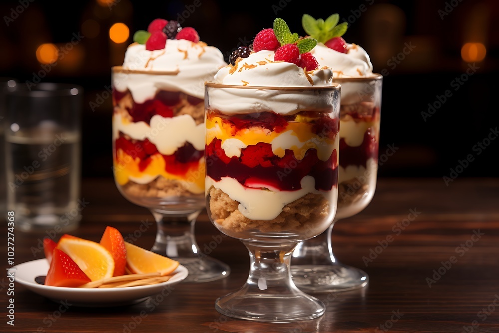 Delicious dessert with cream and berries in glasses Delicious dessert with cream and berries in glasses