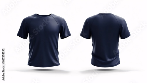 navy blue t-shirt floating in space front and back views, navy blue shirt on white background