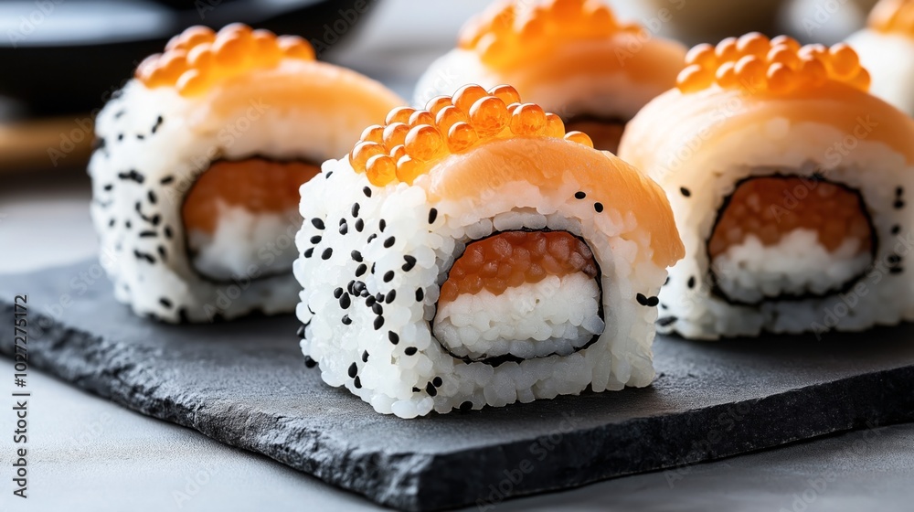 Φωτογραφία Close-up of sushi rolls with salmon, roe, rice, and sesame seeds served on a sla