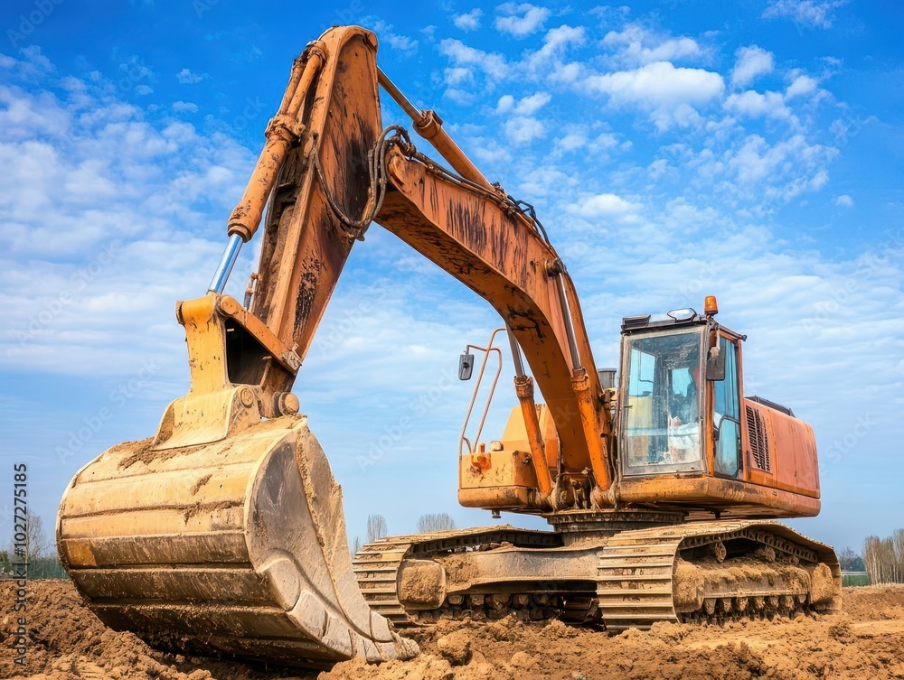 excavator working diligently under a clear blue sky at a construction site, showcasing the power and scale of heavy machinery, complemented by a vibrant industrial backdrop excavator working diligently under a clear blue sky at a construction site, showcasing the power and scale of heavy machinery, complemented by a vibrant industrial backdrop