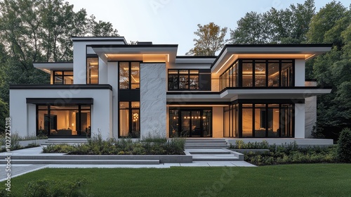 Modern cubic luxury home exterior lighting up at dusk