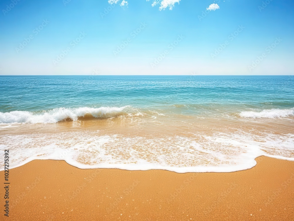 expansive summer beach scene, golden sands stretching into the horizon, clear blue sky overhead, inviting for relaxation or creative text placement expansive summer beach scene, golden sands stretching into the horizon, clear blue sky overhead, inviting for relaxation or creative text placement