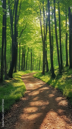 Sunlight illuminating hiking trail winding through forest