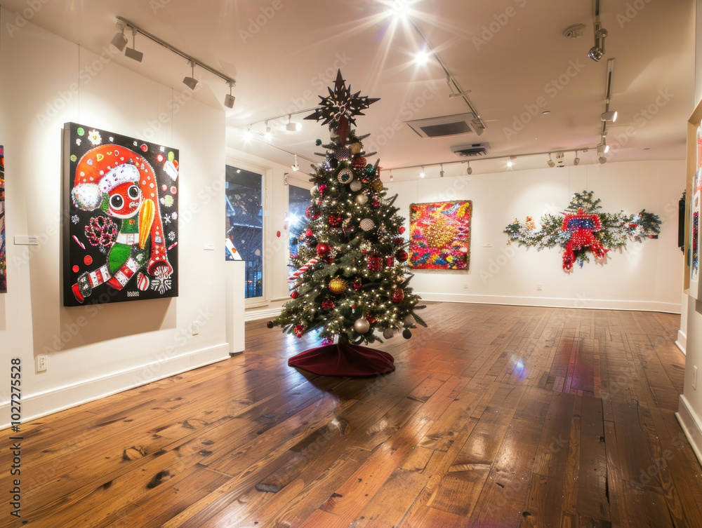 A gallery space featuring avant-garde Christmas art, with unique interpretations of holiday symbols and modern designs A gallery space featuring avant-garde Christmas art, with unique interpretations of holiday symbols and modern designs