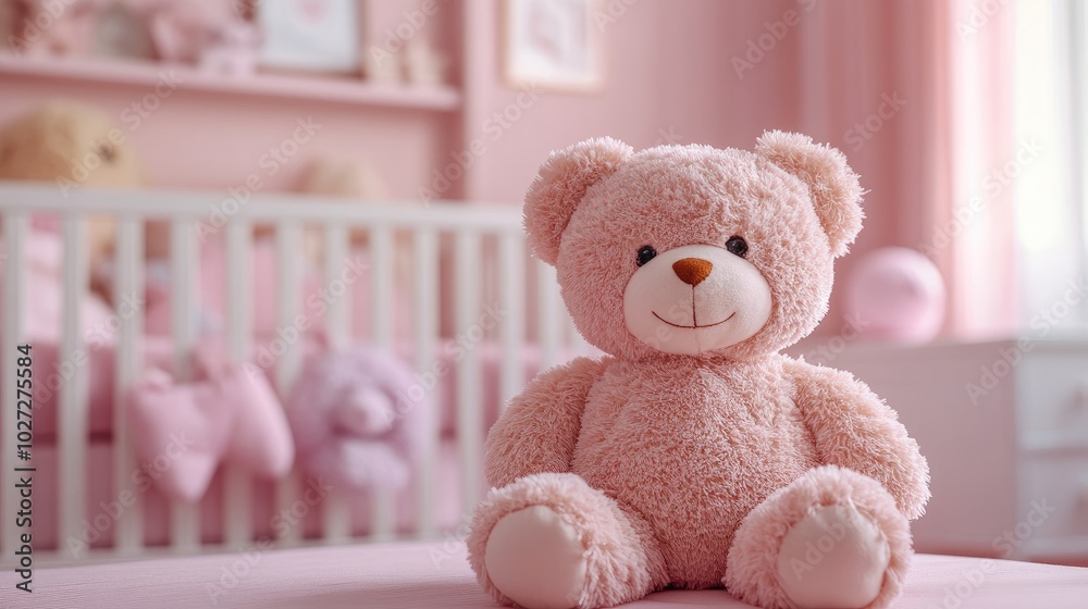 Teddy bear sitting on a cot in a pink bedroom for baby girl Teddy bear sitting on a cot in a pink bedroom for baby girl