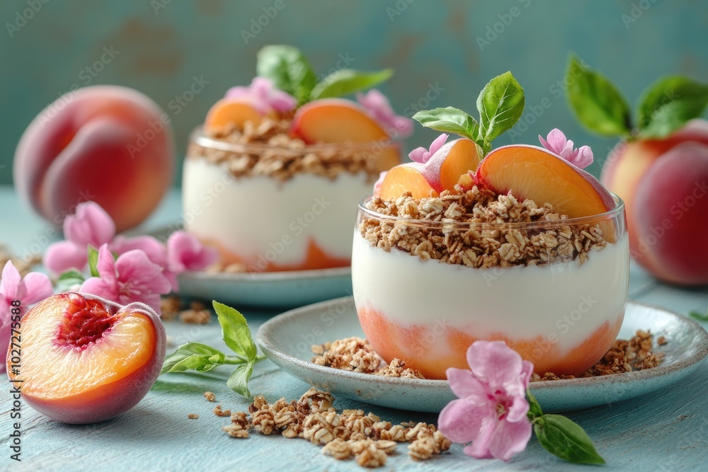 Two glasses of yogurt decorated with peach slices and flowers on a blue table Two glasses of yogurt decorated with peach slices and flowers on a blue table