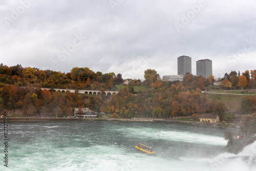 View from viewing platform on Rhine falls (Rheinfalls) the biggest waterfall in Europe