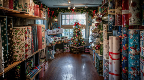 A gift wrapping shop filled with rolls of custom Christmas paper, ribbons, and bows, offering a unique holiday wrapping experience