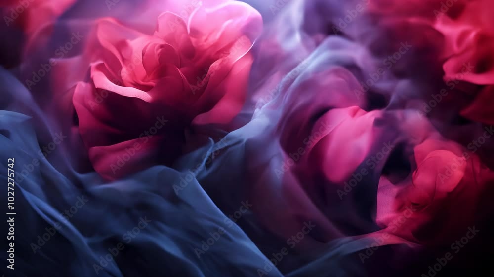 Multiple roses enveloped in a dreamy haze of pink and blue smoke, creating an otherworldly floral scene. Multiple roses enveloped in a dreamy haze of pink and blue smoke, creating an otherworldly floral scene.