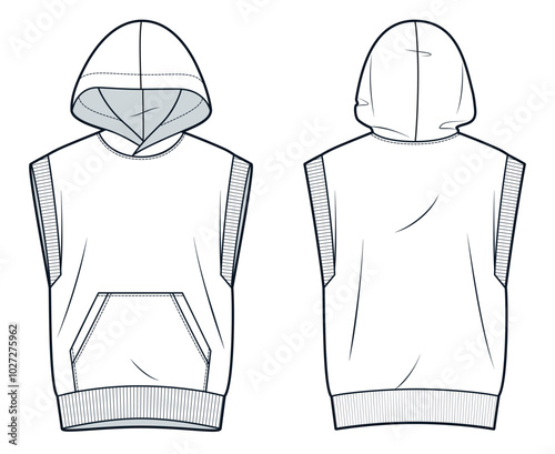 Sleeveless Hoodie technical fashion illustration. Hooded Sweatshirt fashion flat technical drawing template, pocket, front and back view, white, women, men, unisex CAD mockup.