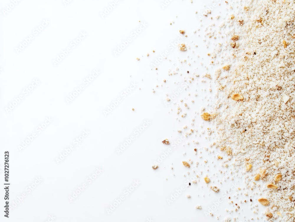 fine grains of sand scattered across a pristine white background, showcasing texture and simplicity, ideal for design and artistic presentations fine grains of sand scattered across a pristine white background, showcasing texture and simplicity, ideal for design and artistic presentations