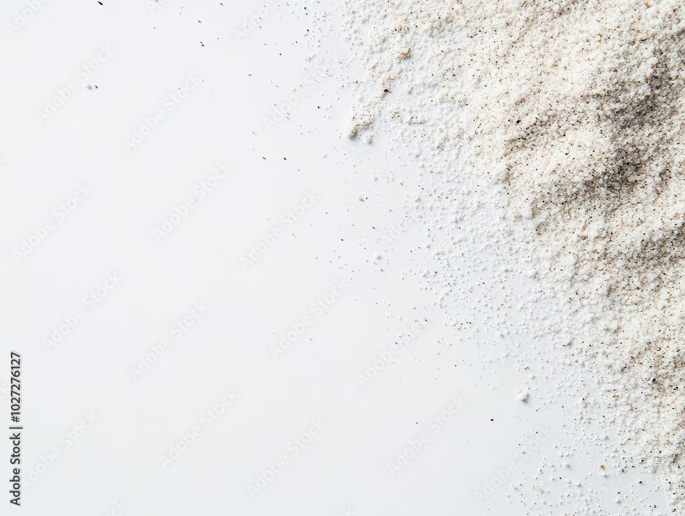 fine grains of sand scattered across a pristine white background, showcasing texture and simplicity, ideal for design and artistic presentations fine grains of sand scattered across a pristine white background, showcasing texture and simplicity, ideal for design and artistic presentations