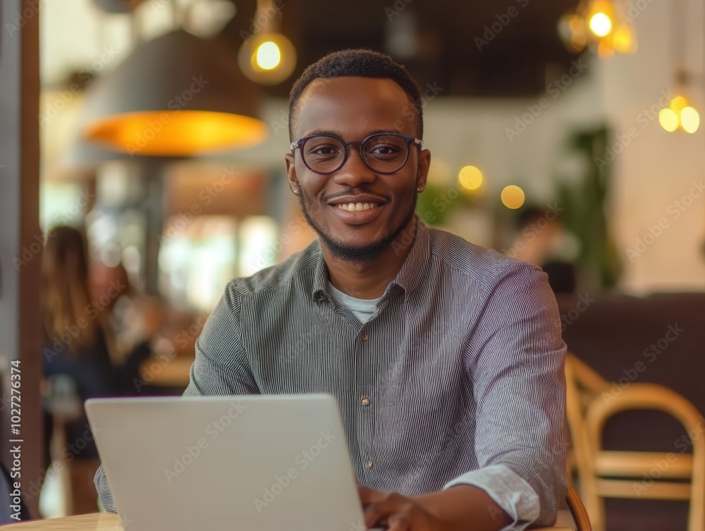 freelancer working on a laptop at a cafe, showcasing a relaxed atmosphere with a smiling man in glasses looking directly at the camera, embodying the essence of modern work-life balance freelancer working on a laptop at a cafe, showcasing a relaxed atmosphere with a smiling man in glasses looking directly at the camera, embodying the essence of modern work-life balance