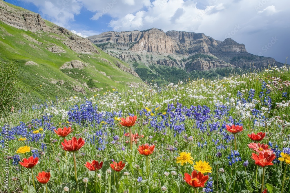 A painting of a mountain range with a field of flowers in the foreground, generative ai image A painting of a mountain range with a field of flowers in the foreground, generative ai image