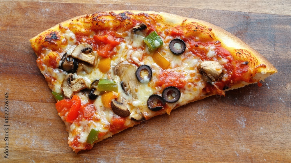 Delicious slice of veggie pizza on wooden board