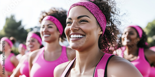 Confident women smiling in pink for charity race, promoting cancer awareness and prevention, celebrating empowerment, solidarity, and health in a joyful community event for wellness and unity