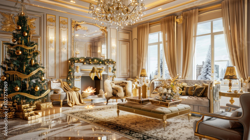 A grand living room with luxurious Christmas decorations, including golden ornaments, velvet ribbons, and a chandelier sparkling above