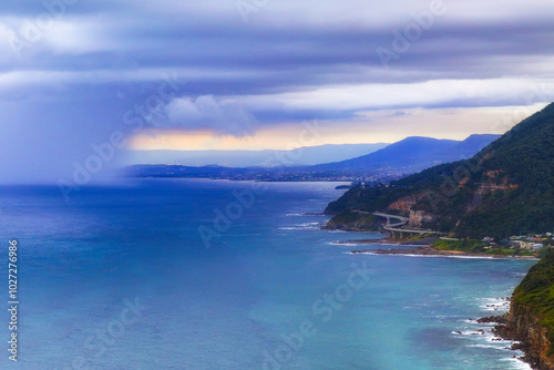 Rainstorm approaching the Illawarra Escarpment and the Grand Pacific Drive on the Illawarra coast.