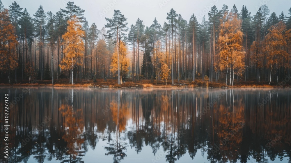 Fototapeta premium Autumn Reflections on Calm Lake Surrounded by Trees