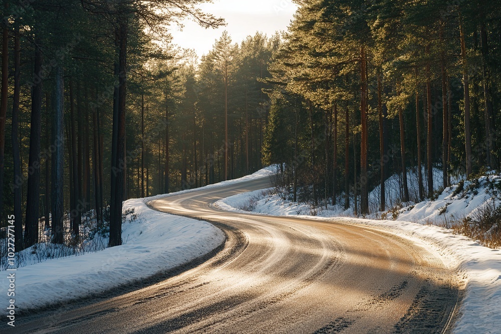 Beautiful winter road along the forest Beautiful winter road along the forest