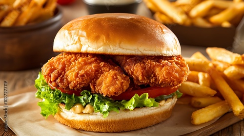 A close-up of a fried chicken sandwich with lettuce and tomato, the crispy chicken peeking out from a soft bun, with fries on the side. photo