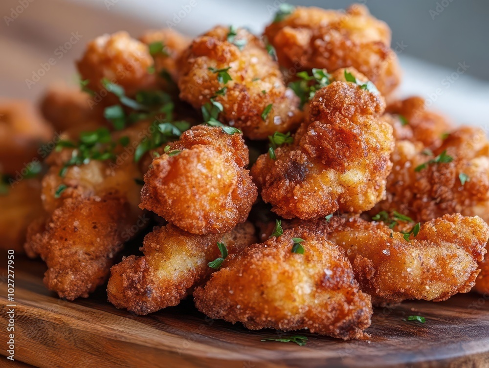 golden fried popcorn chicken piled high on a rustic wooden platter, garnished with herbs, invitingly crispy and delicious, perfect for a mouthwatering meal scene golden fried popcorn chicken piled high on a rustic wooden platter, garnished with herbs, invitingly crispy and delicious, perfect for a mouthwatering meal scene