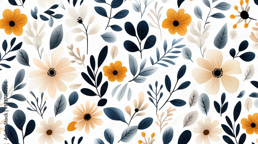 Seamless pattern with stylized botanical elements including flowers and leaves in various shades of blue, orange, and beige on a white background. Seamless pattern with stylized botanical elements including flowers and leaves in various shades of blue, orange, and beige on a white background.