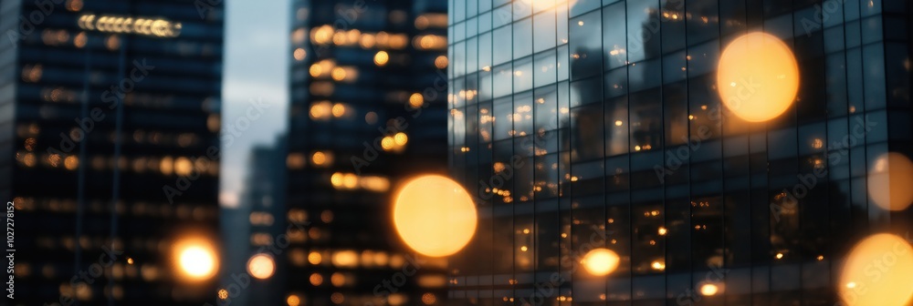 Naklejka premium City buildings at dusk with blurred lights in the foreground, creating a vibrant urban scene that captures the lively energy and modern essence of city life.