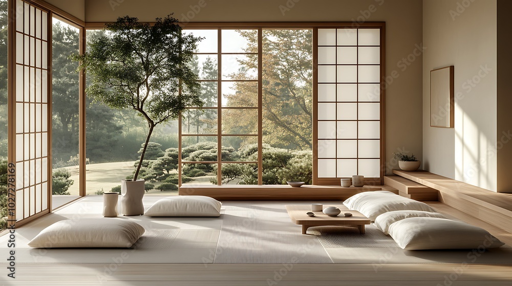 Serene Japanese-inspired interior with natural light. Serene Japanese-inspired interior with natural light.