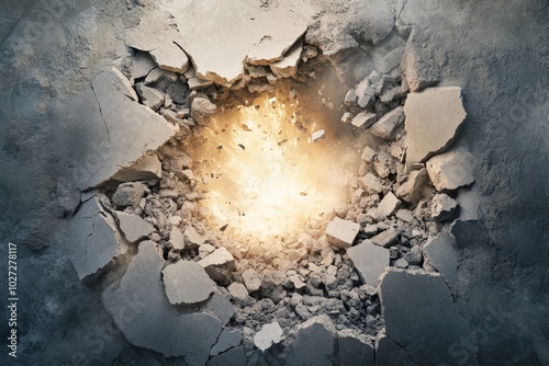 Exploding Wall: Blast and Detonation Fragmenting Rock Texture with Broken Bullet Holes and Fractured Boom Inside photo