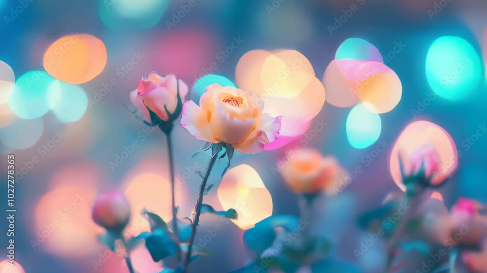 Vibrant rainbow roses stand out against a backdrop of shimmering bokeh lights, creating a mesmerizing and enchanting ambiance Vibrant rainbow roses stand out against a backdrop of shimmering bokeh lights, creating a mesmerizing and enchanting ambiance