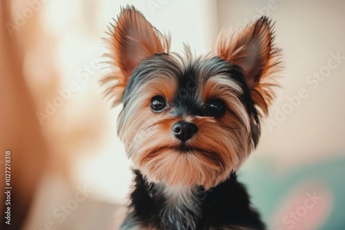 Yorkie Puppy. Yorkshire Terrier with Brown Coat and Black Bow on White Background