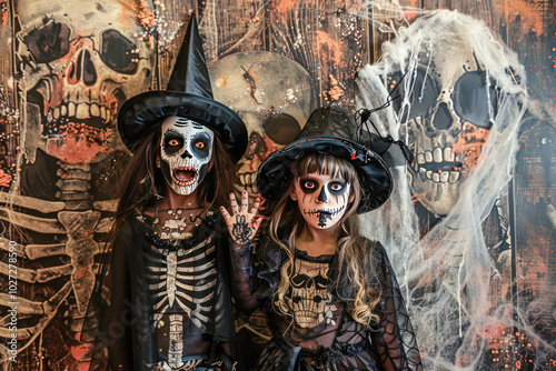 A Halloween-themed photo booth with creepy backdrops, ghostly props, and spooky costumes for guests to wear. photo