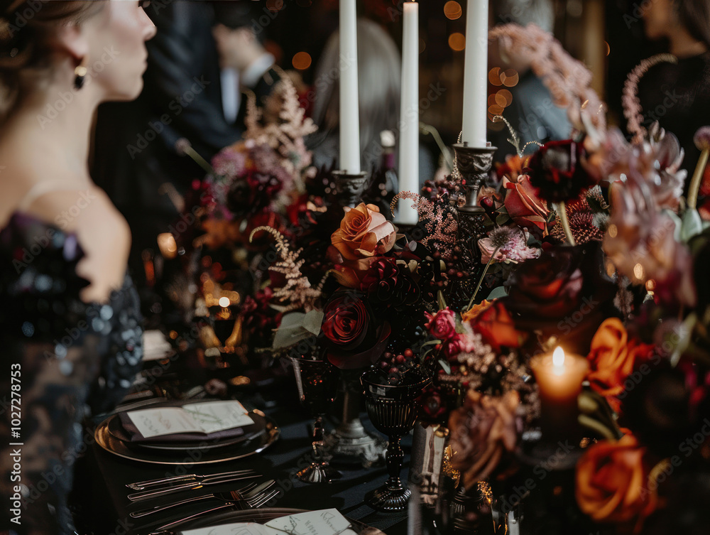 A Halloween-themed wedding reception with dark floral arrangements, gothic decor, and guests in elegant costumes.