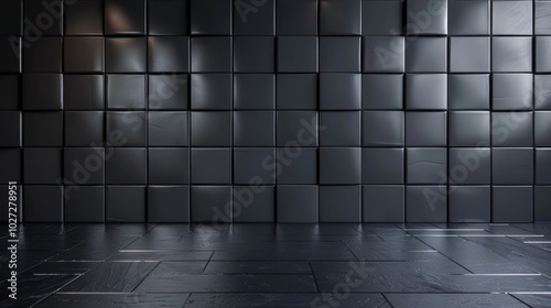 Polished black tile wall with rectangular 3d blocks – sleek futuristic background design for modern interiors, minimalist wallpaper, and contemporary graphic projects featuring bold geometric shapes a