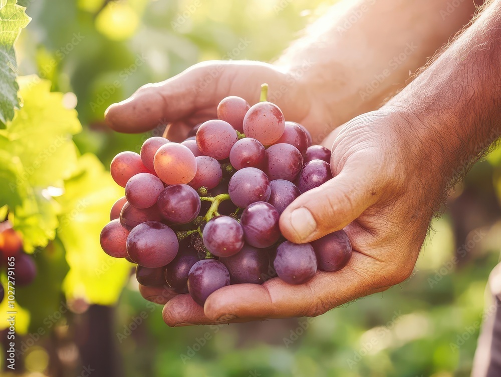 hands of a farmer skillfully harvesting plump grapes, set against a lush vineyard backdrop, showcasing the beauty of agricultural labor and nature's bounty hands of a farmer skillfully harvesting plump grapes, set against a lush vineyard backdrop, showcasing the beauty of agricultural labor and nature's bounty