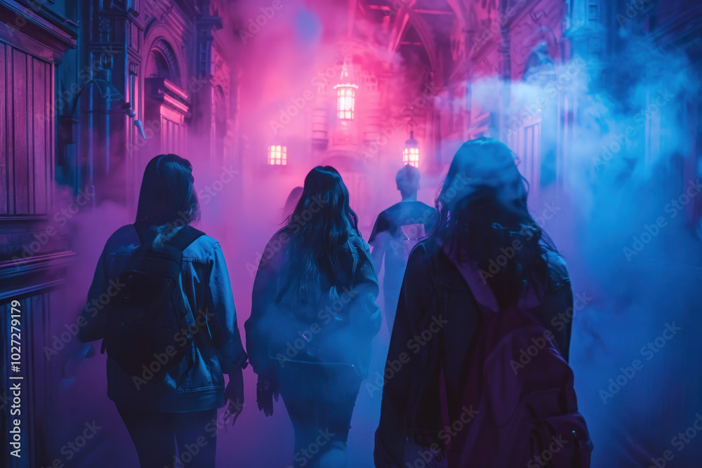 Fototapeta premium A haunted house attraction with visitors screaming as they walk through fog-filled corridors and jump scares.
