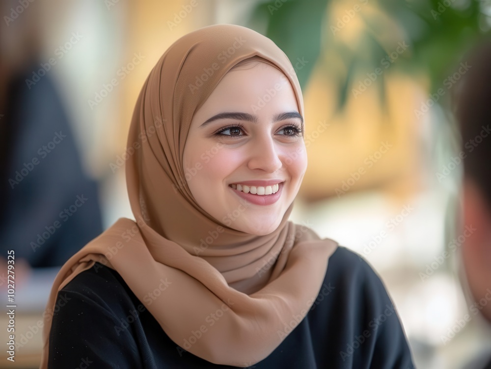 happy arab woman in hijab engaged in cheerful discussion with a european colleague, a bright meeting room filled with positive energy and collaboration, showcasing diverse teamwork
