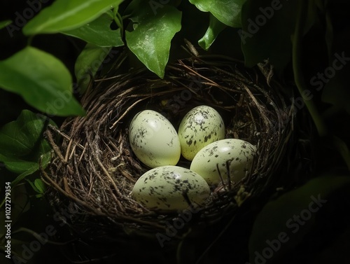 heartwarming time-lapse scene of a mother bird incubating her eggs, nestled in a cozy nest, capturing the nurturing spirit of nature with soft lighting and rich details of the nest environment photo