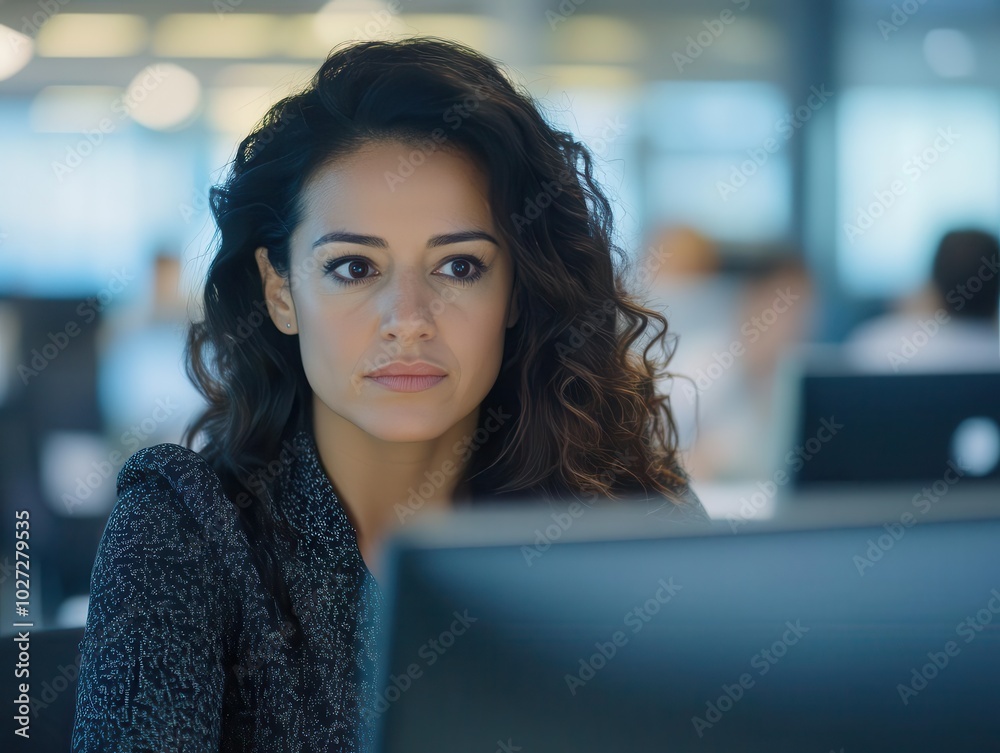 hispanic businesswoman focused intently on her computer screen, immersed in her work amidst a busy office environment, radiating professionalism and determination hispanic businesswoman focused intently on her computer screen, immersed in her work amidst a busy office environment, radiating professionalism and determination