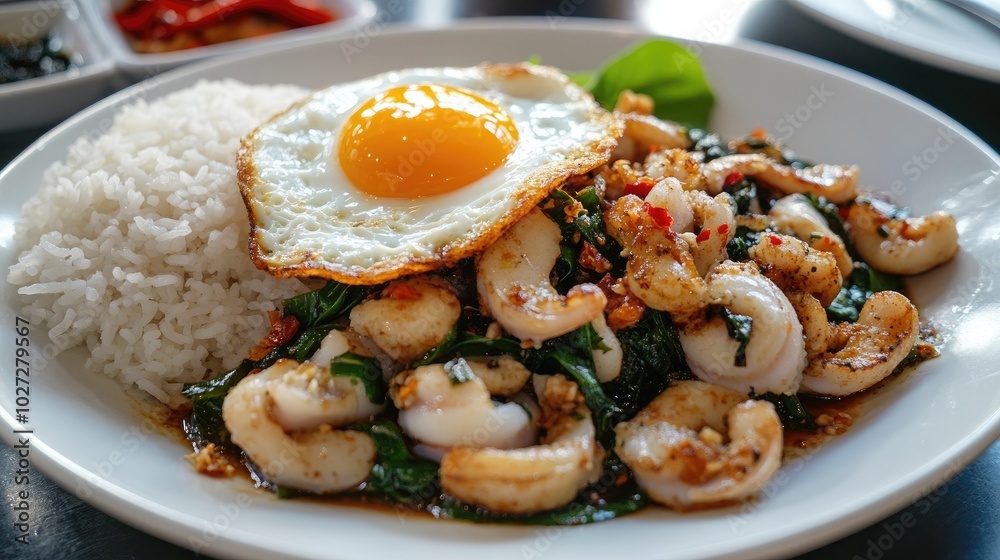 Delicious Shrimp with Fried Egg and Rice Dish Delicious Shrimp with Fried Egg and Rice Dish