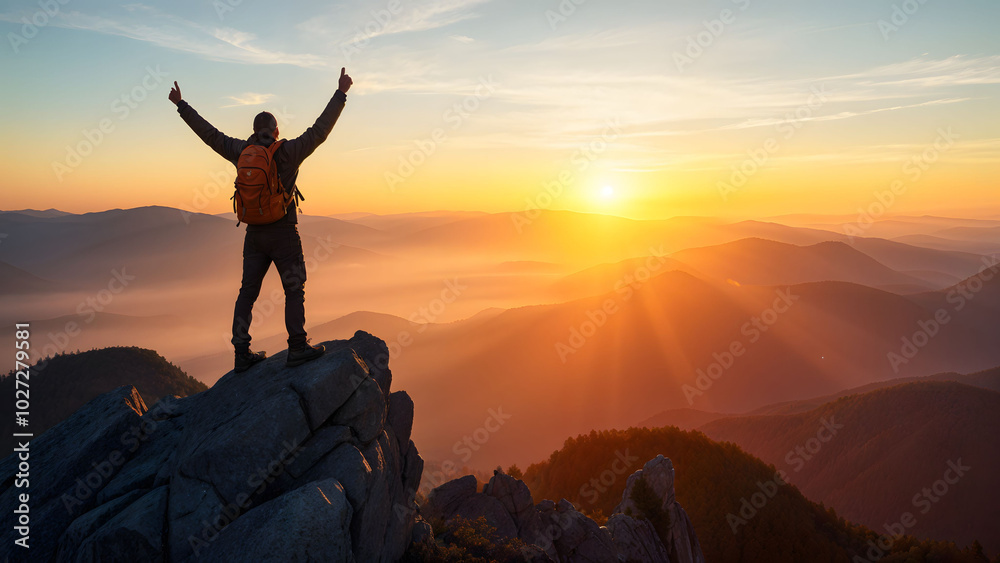 A hiker standing triumphantly on a mountain peak, arms raised towards the rising sun, celebrating accomplishment and freedom A hiker standing triumphantly on a mountain peak, arms raised towards the rising sun, celebrating accomplishment and freedom