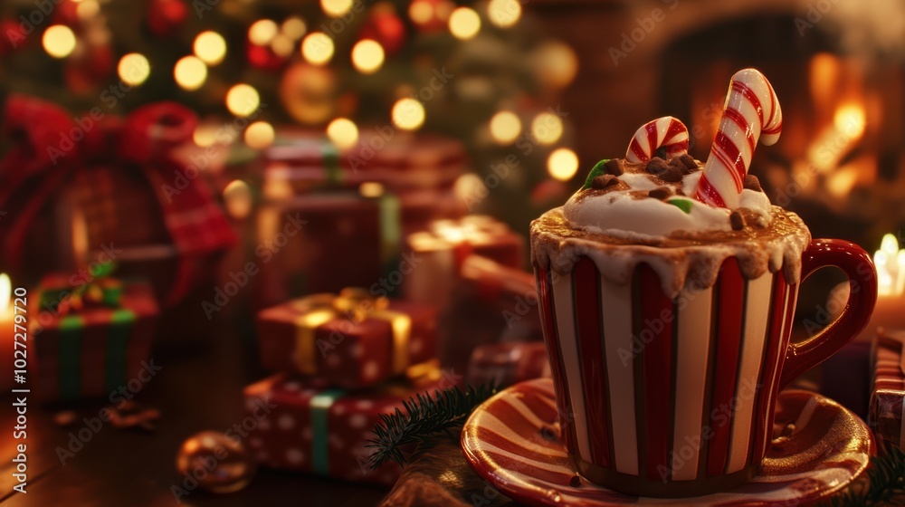Festive holiday scene with a mug of hot chocolate topped with whipped cream and candy canes by a warm fireplace. Festive holiday scene with a mug of hot chocolate topped with whipped cream and candy canes by a warm fireplace.