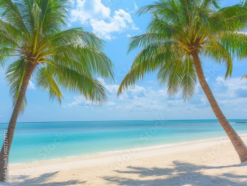 idyllic tropical paradise beach featuring swaying palm trees, fine white sand, and crystal-clear azure waters, inviting relaxation and escape in a serene, sunlit setting